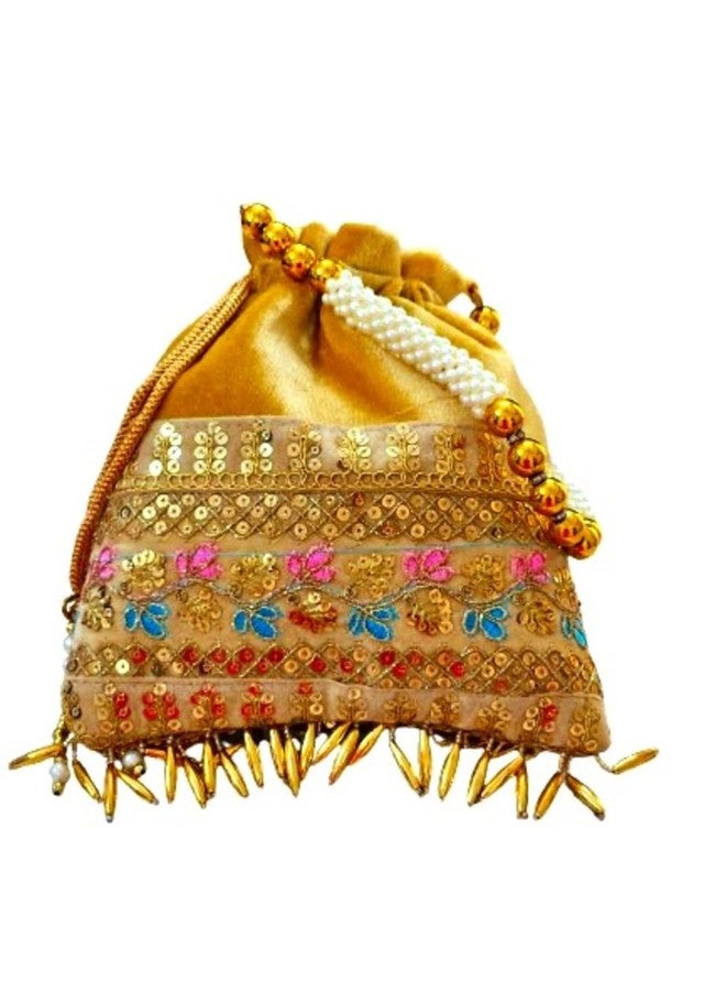 SuneshCreation Vintage Style Potli Handbag, Velvet with Pearl Beads and Gold Fringe, Traditional Wedding Purse (golden) - Image 5